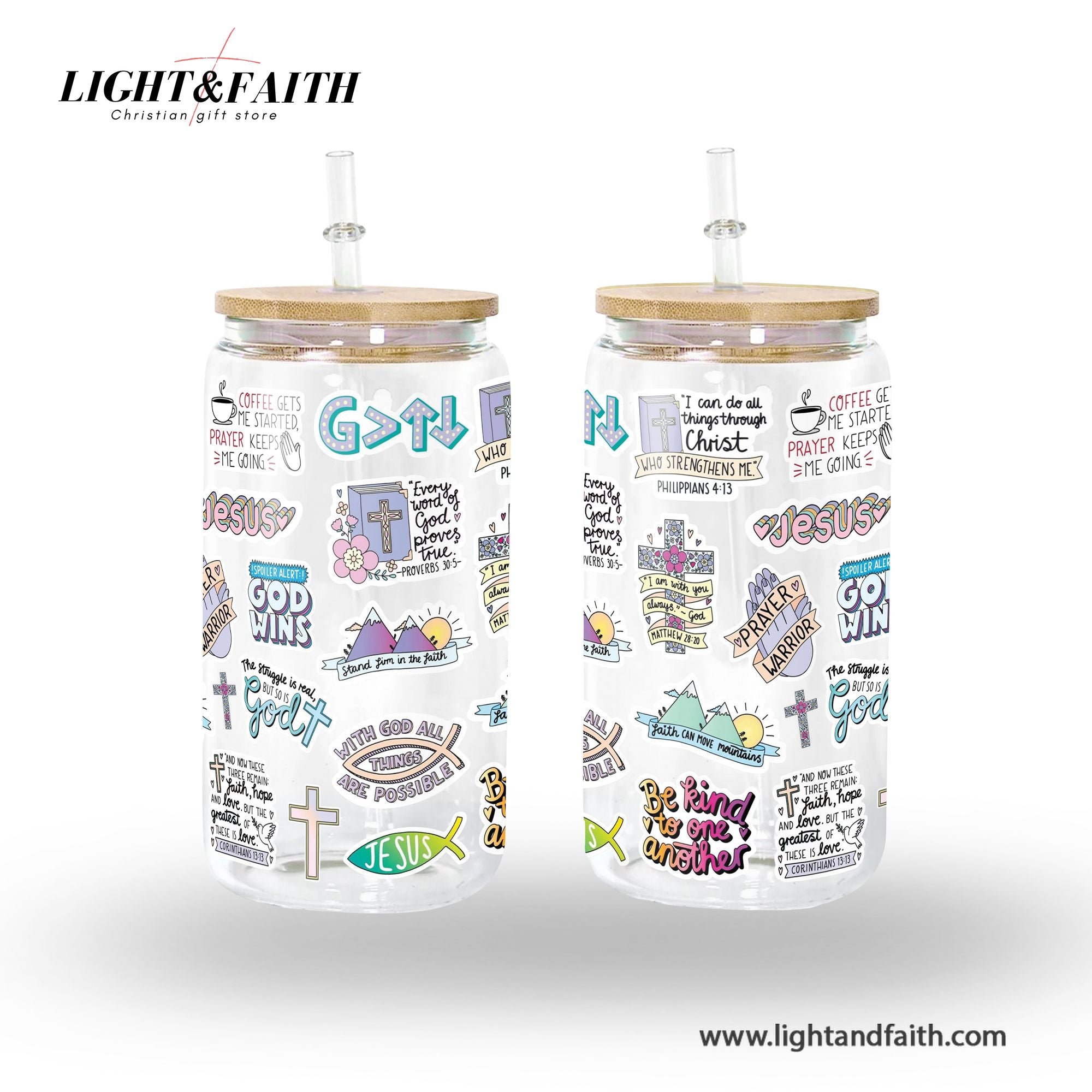 Christian Glass Can with Bamboo Lid and Straw, Scripture Cup, Bible Verse Sticker Design, Jesus Faith Iced Coffee Tumbler GCLAF30